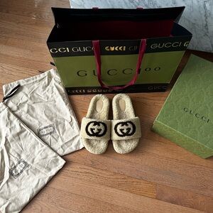 Gucci Cream Fur Slides with Logo